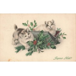 MIKIFP9-014- CHATS BLANC ET GRIS JOYEUX NOEL BRANCHE DE GUI