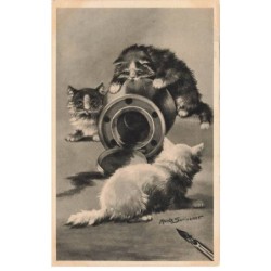MIKIFP9-030- TROIS CHATS ENCRE RENVERSE ET PLUME PAR ILLUSTRATEUR MAUDE SERRIVENET
