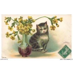 AQFP7-0498-CHAT - pot de fleurs et chat triste