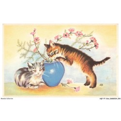 AQFP7-0486-CHAT - le pot de fleurs et les deux chats