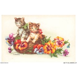 AQFP7-0503-CHAT - fleurs et chats dans un panier