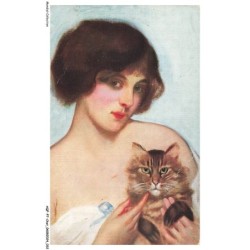 AQFP7-0455-CHAT - femme et chat - deux amis