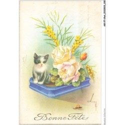 AKYP7-0624-CHAT - BONNE ANNEE - CHAT ET FLEURS