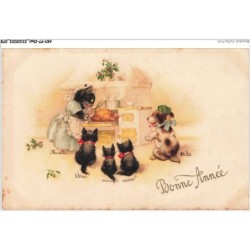 AKYP7-0648-CHAT - CHATS  HUMANISES DANS LA CUISINE - ET CHIEN DEVANT FOUR ET DINDE