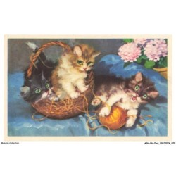 ASHP6-0357-CHAT - DESSIN DE TROIS CHATONS  - UN PANIER ET FIL DE LAINE