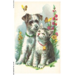 ASHP7-0391-CHAT - DESSIN D'UN CHAT PRES D'UN CHIEN ET FLEURS