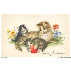 ASHP7-0396-CHAT - HEUREUX ANNIVERSAIRE - CHAT - CHATON - FLEUR ET FIL DE LAINE