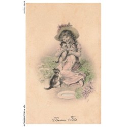 AQFP9-0599-CHAT - jeune fille et ses compagnons