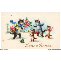 AQFP9-0621-CHAT - cadeau et bouquet de fleurs - bonne année