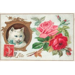 MIKIDP1-010- CHAT BLANC EN MEDAILLON ET FLEURS JOYEUSE FETE GAUFREE