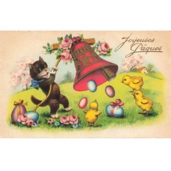 MIKI-AP7-047- JOYEUSES PAQUES CHAT NOIR CLOCHE OEUFS POUSSINS