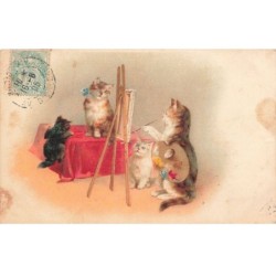MIKIBP5-056- GROUPE DE CHATS HUMANISES PEINTRE CHEVALET