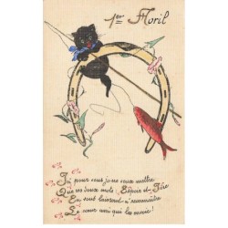 MIKIDP1-008- CHAT  NOIR CANNE A PECHE POISSON FER A CHEVAL 1 ER AVRIL