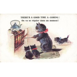 MIKI-DP6-051- CHAT NOIR ET CHATONS ON VA SE REGALER DANS UN MOMENT  PAR ILLUSTRATEUR FLORENCE BARNES