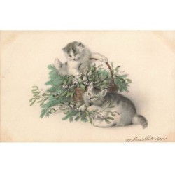 MIKIDP7-004- DEUX CHATS PANIER FLEURS JUILLET 1911  PAR ILLUSTRATEUR M VIENNE