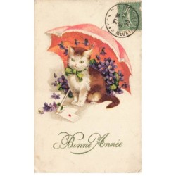 MIKIDP1-016- CHAT BLANC SOUS UN PARAPLUIE FLEURS VIOLETTES BONNE ANNEE