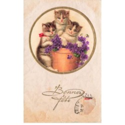 MIKIDP1-028- CHATONS ET POT DE FLEURS BONNE FETE EDIT PITTIUS