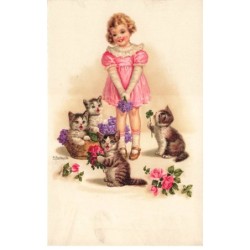 MIKIDP1-027- CHATONS ET FILLETTE EN JUPE ROSE EDIT PITTIUS