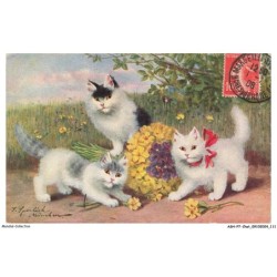 ASHP7-0432-CHAT - TROIS CHATS AVEC UN BOUQUET DE FLEURS