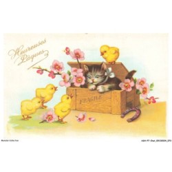 ASHP7-0413-CHAT - HEUREUSES PAQUES - CHATON DANS UNE BOITE EN BOIS AVEC DES FLEURS - DES POUSSINS JAUNE