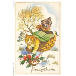 ASHP7-0433-CHAT - DEUX CHATS DANS UN PANIER - ARBRE - NEIGE ET OISEAU - BONNE ANNEE