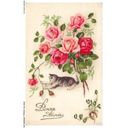 AVWP13-0745-ANIMAUX - Chat - Bonne année - Fleurs