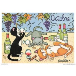 ASHP3-0197-CHAT - DESSIN DE TROIS CHATS BUVANT DU VIN - JACQUELINE BOURDILLON 1988 - ARTISTE PEINTRE