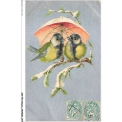 AKVP10-0759-ANIMAUX - OISILLONS SOUS UN PARAPLUIE SOUS UN TEMPS ENNEIGE