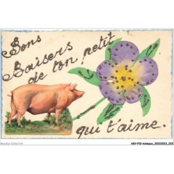 AKVP10-0758-ANIMAUX - BONS BAISERS DE TON PETIT QUI T'AIME - UN GROS COCHON AJOUTIS FLEURS