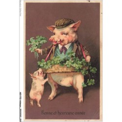 AKVP10-0754-ANIMAUX - BONNE ET HEUREUSE ANNEE - COCHON VENDEUR DE FLEURS TREFLES ET UN PETIT COCHON