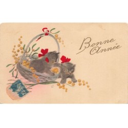 MIKII-0639 DEUX CHATONS GRIS DANS UN PANIER BONNE ANNEE MGA N°604